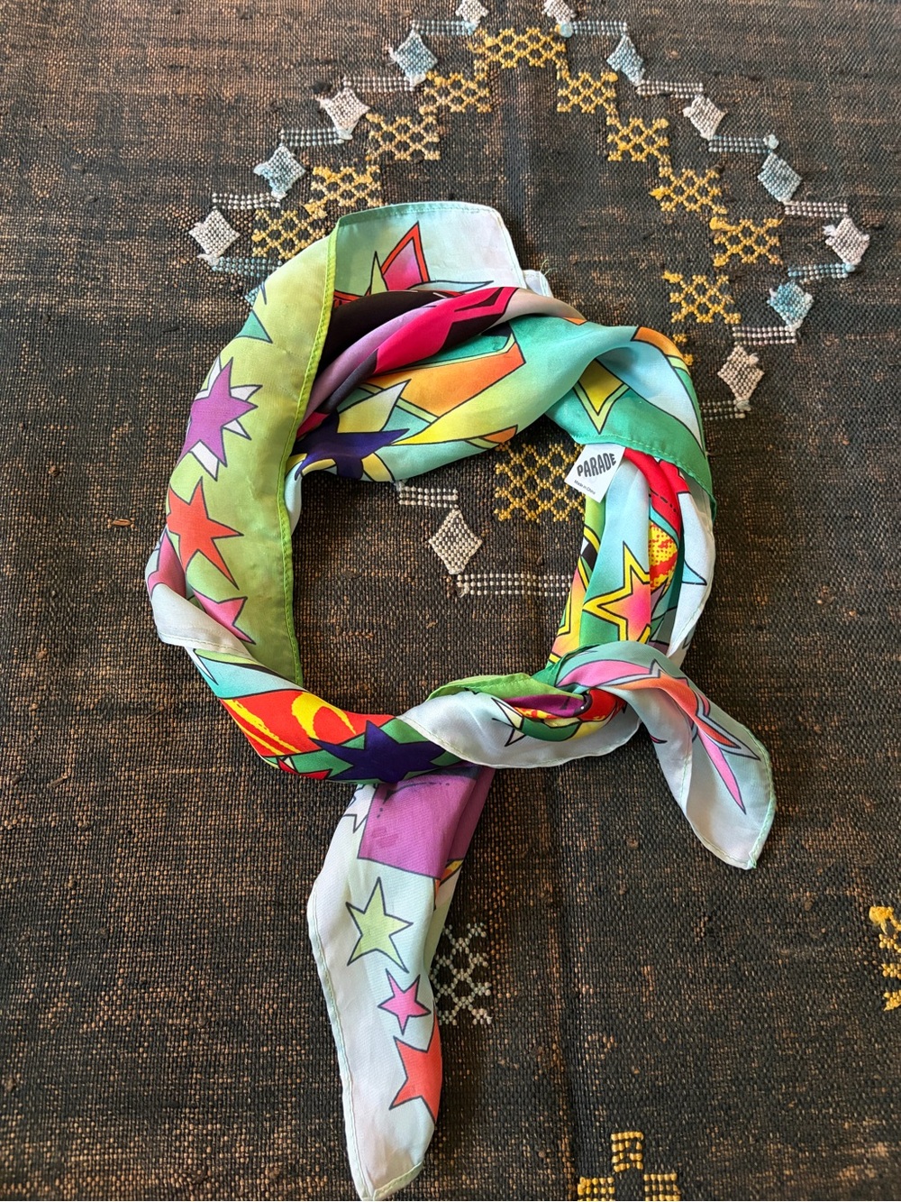 PARADE satin scarf with block letters & stars One Size